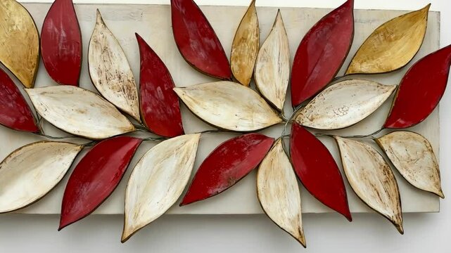 Decorative wall art featuring red, white, and gold leaves displayed in a bright interior setting