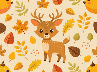 Cute Cartoon Deer Autumn Pattern with Acorns and Maple Leaves