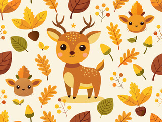 Cute Cartoon Deer Autumn Pattern with Acorns and Maple Leaves