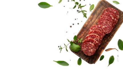 Salami slices on wooden board on transparent background
