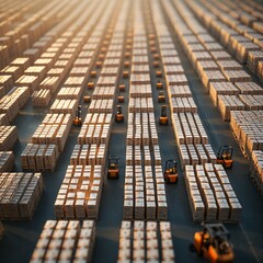 Retail warehouse full of shelves with goods in cartons, with pallets and forklifts. Logistics and transportation blurred background. Product distribution center