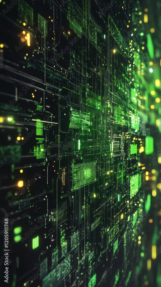 Aufkleber complex digital circuit board processing data in a futuristic server room, with green and yellow lig