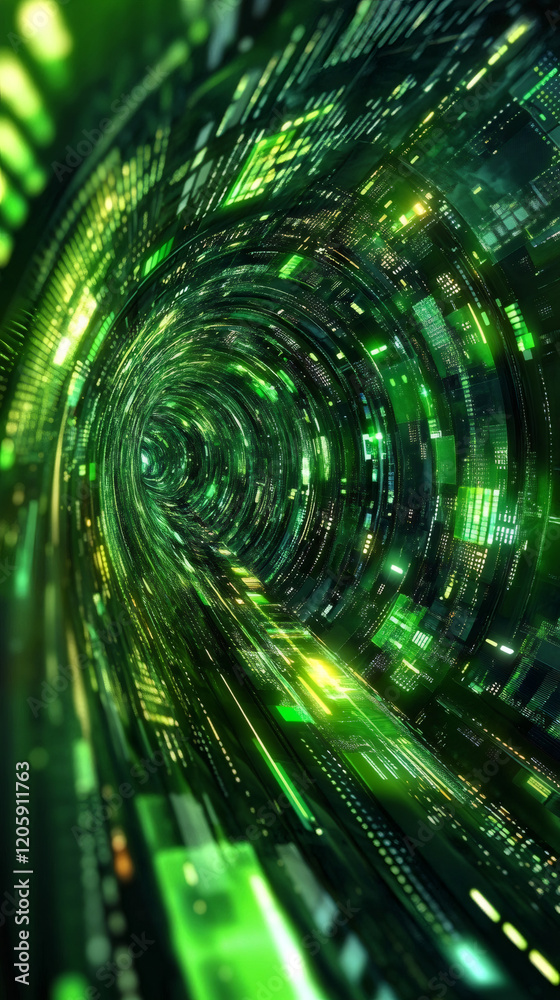 Poster futuristic cyberspace tunnel transmitting digital data, creating a fast flow of information through 