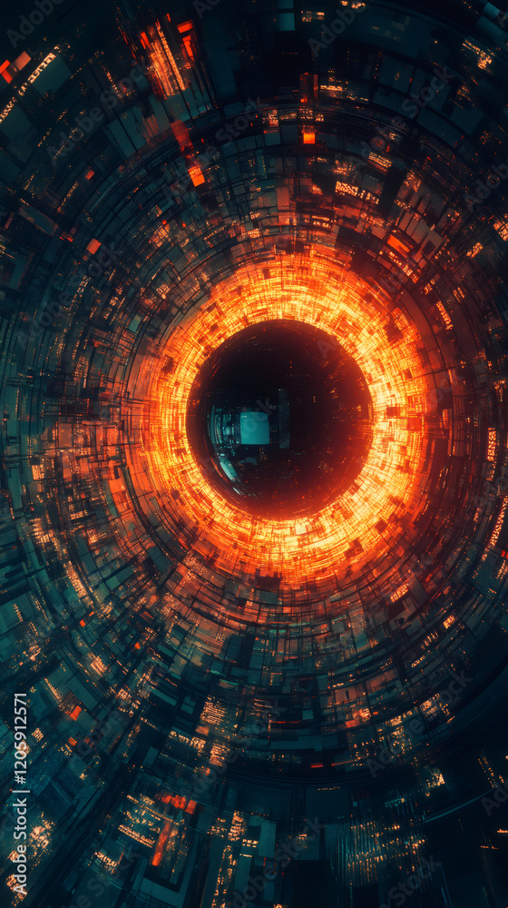 Poster glowing orange wormhole bending spacetime, emerging through advanced technological framework, repres