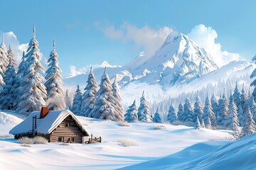Fototapeta premium A cabin is nestled in the snow next to a mountain