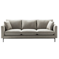 Fototapeta premium Gray fabric sofa features a minimalist design, perfect for modern interiors. It showcases plush cushions and sleek lines. isolated on white, transparent background.