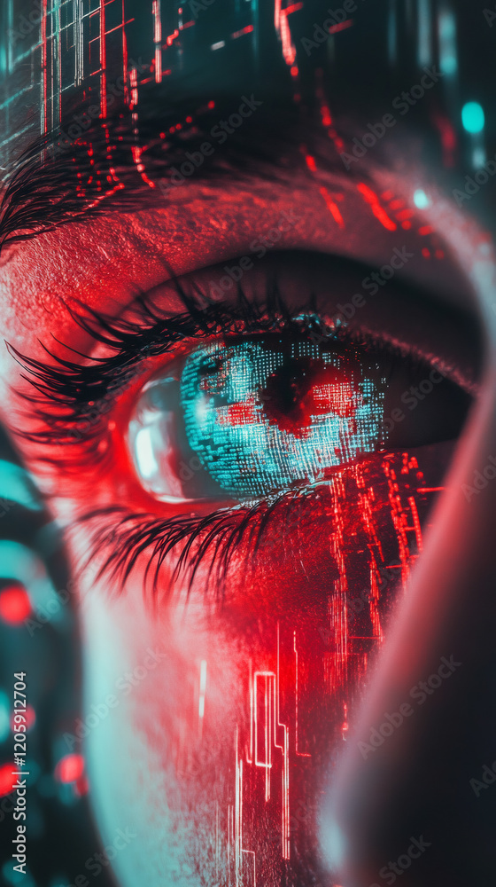 Leinwandbilder human eye reflecting digital information, lines of code and computer data in a futuristic vision of 