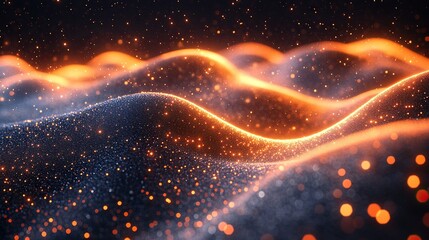 Glowing particle waves flow across dark digital landscape background for design