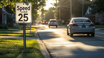 Suburban Street with Speed Limit Sign and Cars during Golden Hour in a Quiet Neighborhood