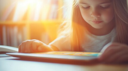 Child Engaged in Reading on Tablet with Colorful Illustrations