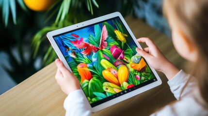 Child Engaged with Colorful Illustrations on Tablet