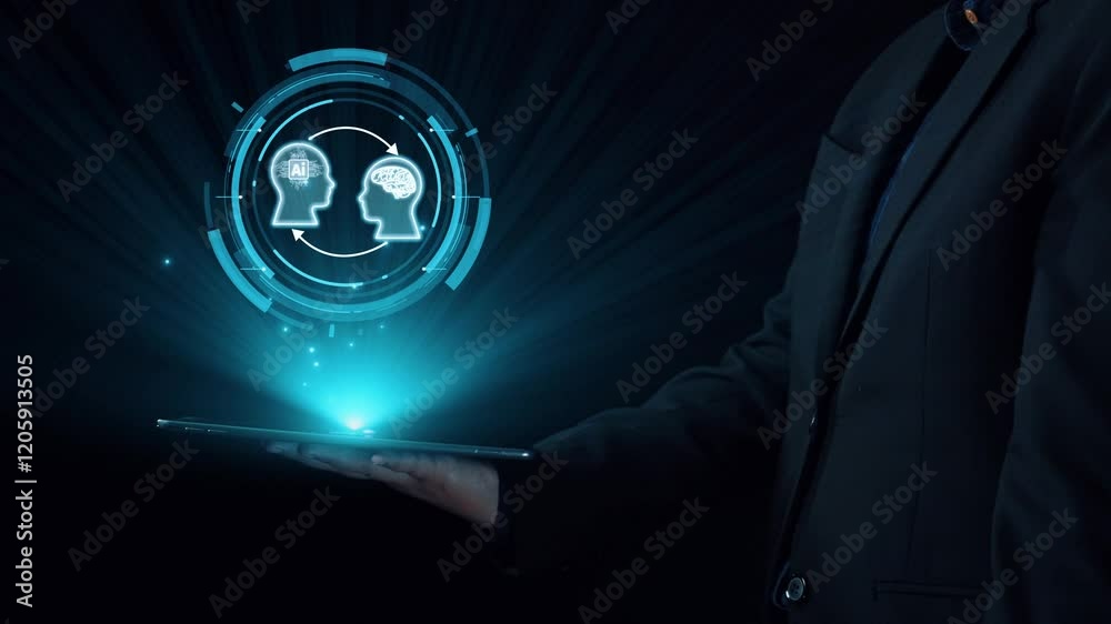 Poster human interact with ai artificial intelligence brain processor in concept of ai artificial intellige