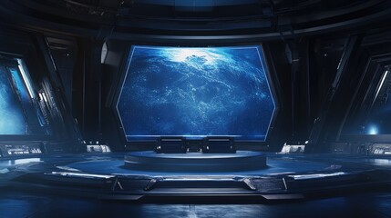 Futuristic Spaceship Bridge Shows Earth Through Window