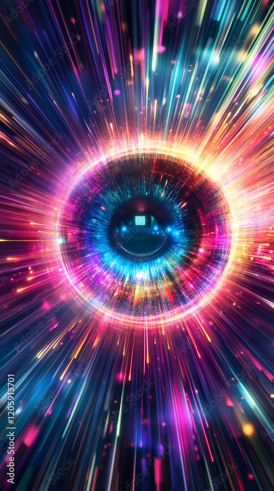 Aufkleber Vibrant eye emitting luminous rays, symbolizing technological vision, innovation, futuristic intelligence through dynamic digital visualization