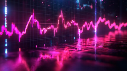Glowing pink chart data rising on digital grid reflected in wet surface