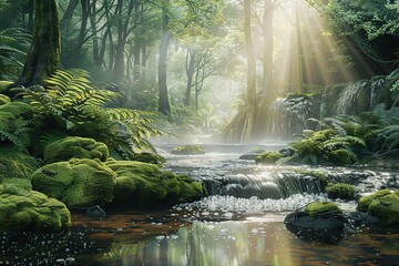 Obraz premium A forest with a stream running through it