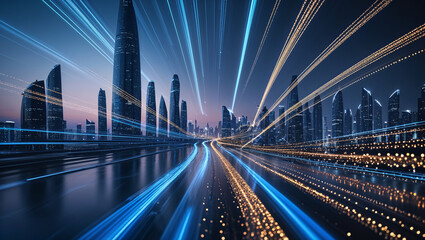 Fototapeta premium Light trails illuminating a futuristic metropolis at dusk, symbolizing speed and progress