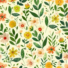 Pretty Yellow Orange Floral Seamless Pattern Spring Summer Botanical Design Textile Fabric Print Background Illustration Artistic Nature Flower       