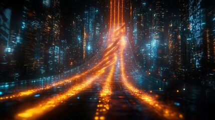 Glowing road through futuristic city with light trails