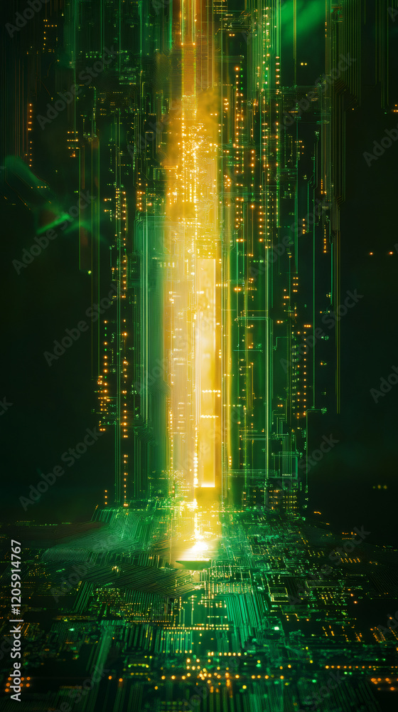 Leinwandbilder golden electronic circuit board glowing with intricate data streams, symbolizing cutting-edge techno
