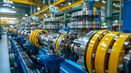 Close-up of industrial valves and pipes in a natural gas processing plant, showcasing their intricate details