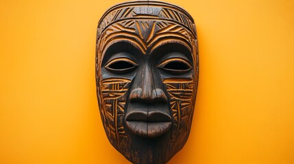 Intricate Carved Wooden African Mask Against Orange