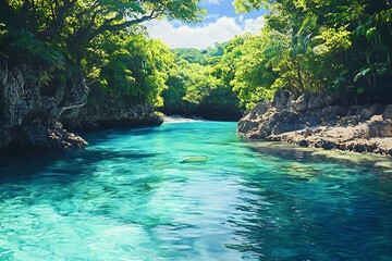 Naklejka premium Serene tropical cove with clear turquoise water and lush greenery.