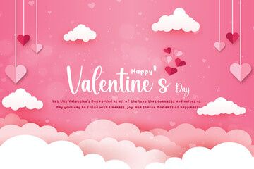 Happy Valentine's day poster. Beautiful paper cut white clouds with white heart frame on pink background.