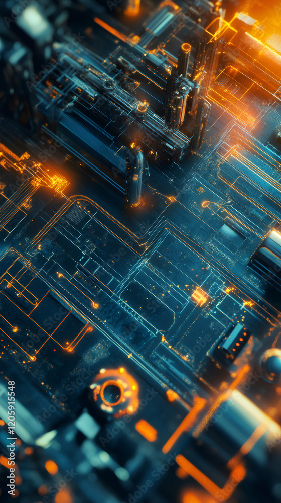 Poster glowing orange circuits interlinking across dark surface, representing digital communication network