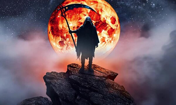 Under a blood-red moon lunar eclipse, grim reaper stands atop a cliff. His scythe moonlight, ghostly reflections foggy abyss below. scene emphasizes cosmic connection death heavens