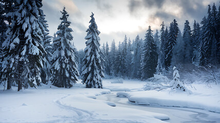 Winter forest wonderland with snow-laden evergreens, frozen stream, animal tracks, icicles, and serene, pristine wilderness beauty