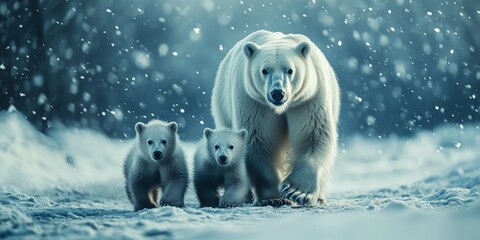 A mother polar bear with two cubs in the Arctic snow. Represents maternal care, Arctic wildlife, and the urgency of conservation efforts.