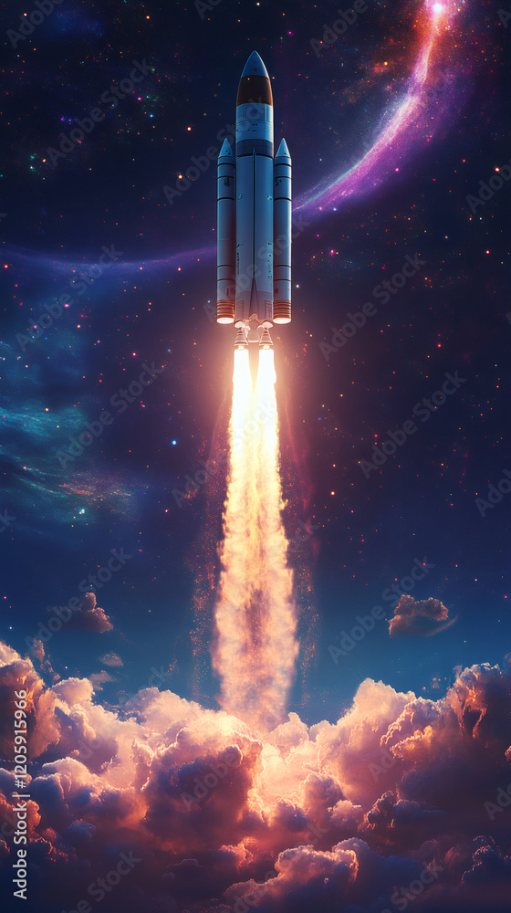 Poster Powerful rocket launching from earth and going into deep space with stars and nebulae in the background