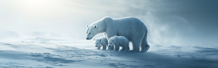 A mother polar bear with two cubs in the Arctic snow. Represents maternal care, Arctic wildlife, and the urgency of conservation efforts.