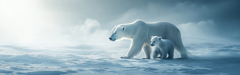 A mother polar bear with two cubs in the Arctic snow. Represents maternal care, Arctic wildlife, and the urgency of conservation efforts.