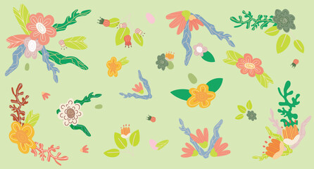 hand drawn flowers. flat illustration. cozy floral background