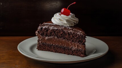Rich Chocolate Cake Slice with Whipped Cream and Cherry