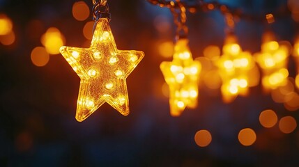 Glowing star string lights outdoors at dusk with bokeh background