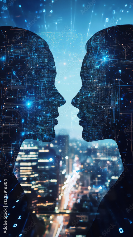 Poster two digital heads representing artificial intelligence communicating in front of a blurred cityscape