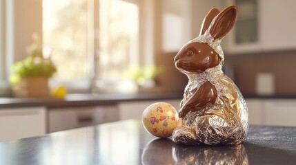 Chocolate Easter Bunny Wrapped in Foil on Counter