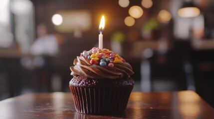 Decorative Chocolate Cupcake with Glowing Candle
