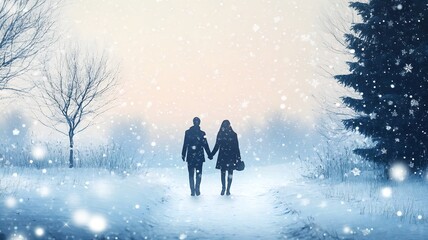 Obraz premium Couple Walking Through a Snowy Winter Wonderland