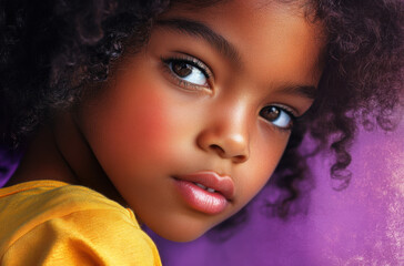 Fototapeta premium A young girl with beautiful curly hair and warm brown skin looks directly at the camera with a serene expression. The vibrant purple background enhances her features and innocence.