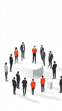Business Meeting with People Gathered Around a Central Figure on a Podium - Conceptual Illustration