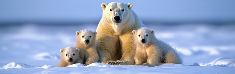 A mother polar bear with two cubs in the Arctic snow. Represents maternal care, Arctic wildlife, and the urgency of conservation efforts.