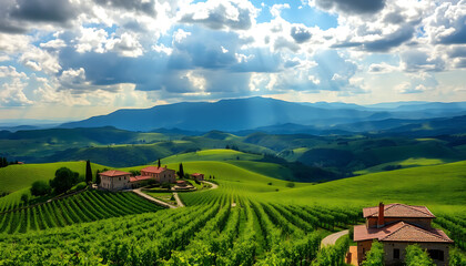 Naklejka premium Scenic Tuscan Countryside with Rolling Hills and Vineyards