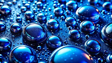 Deep blue water droplets, macro photography, high contrast, glossy surface, dark background 