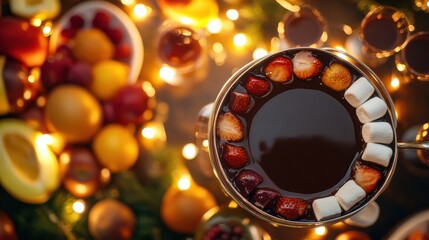 Warm Chocolate Fondue Pot with Fresh Fruits and Marshmallows