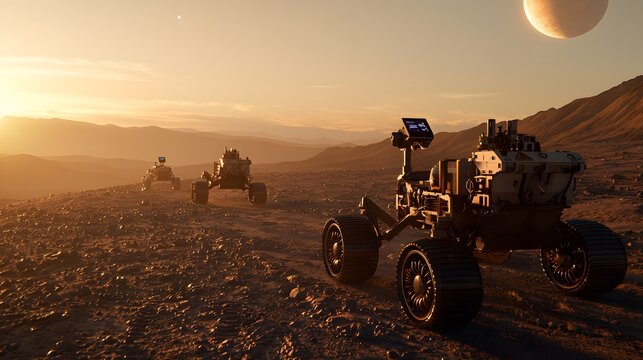Automated Rover Systems Navigating Alien Lands at Sunset with Planetary Background