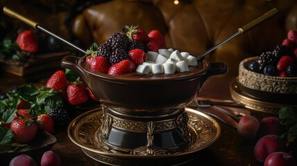 Chocolate Fondue with Fruits and Marshmallows for Dipping